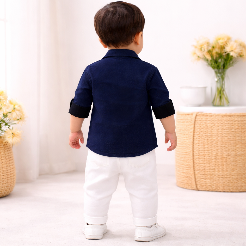 MASHUP Baby Boys Blue Denim Shirt with Graphic T-Shirt & White Pant Set (6M–24M)