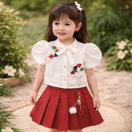 Girls Floral Embroidered White Top & Maroon Pleated Skirt Set | Kids Party Wear Dress (18 Months – 7 Years) – IT’S NEW