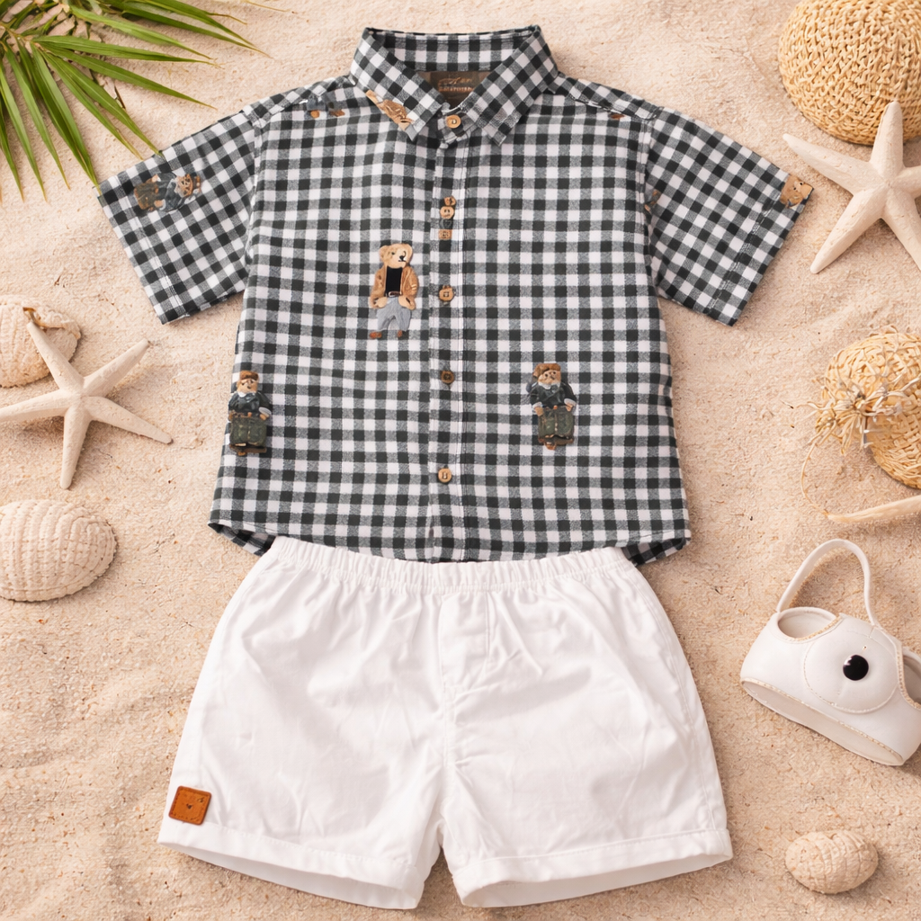 LITTLE KANGAROO Baby Boys Black Checked Shirt & White Shorts Set (6–24 Months)