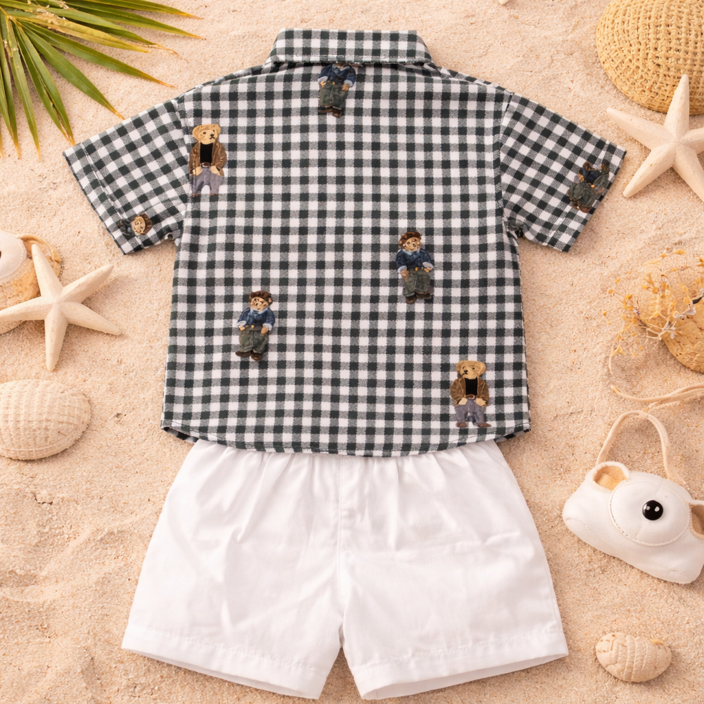 LITTLE KANGAROO Baby Boys Black Checked Shirt & White Shorts Set (6–24 Months)