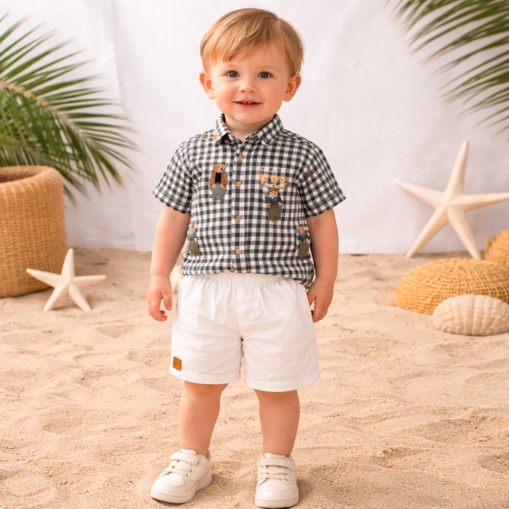 LITTLE KANGAROO Baby Boys Black Checked Shirt & White Shorts Set (6–24 Months)