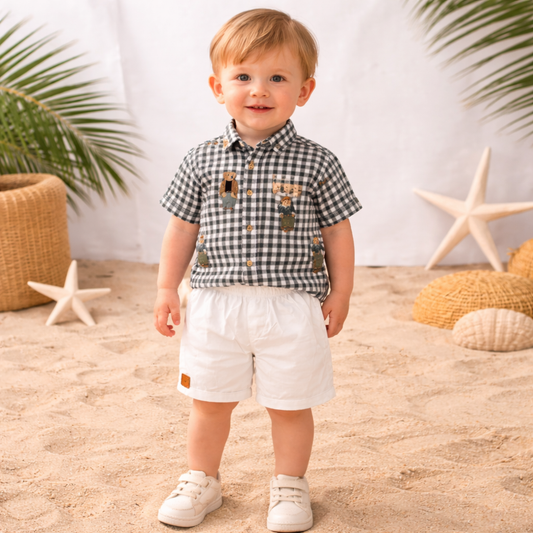 LITTLE KANGAROO Baby Boys Black Checked Shirt & White Shorts Set (6–24 Months)