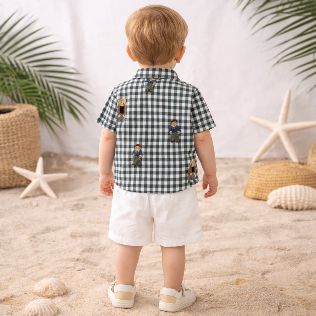 LITTLE KANGAROO Baby Boys Black Checked Shirt & White Shorts Set (6–24 Months)