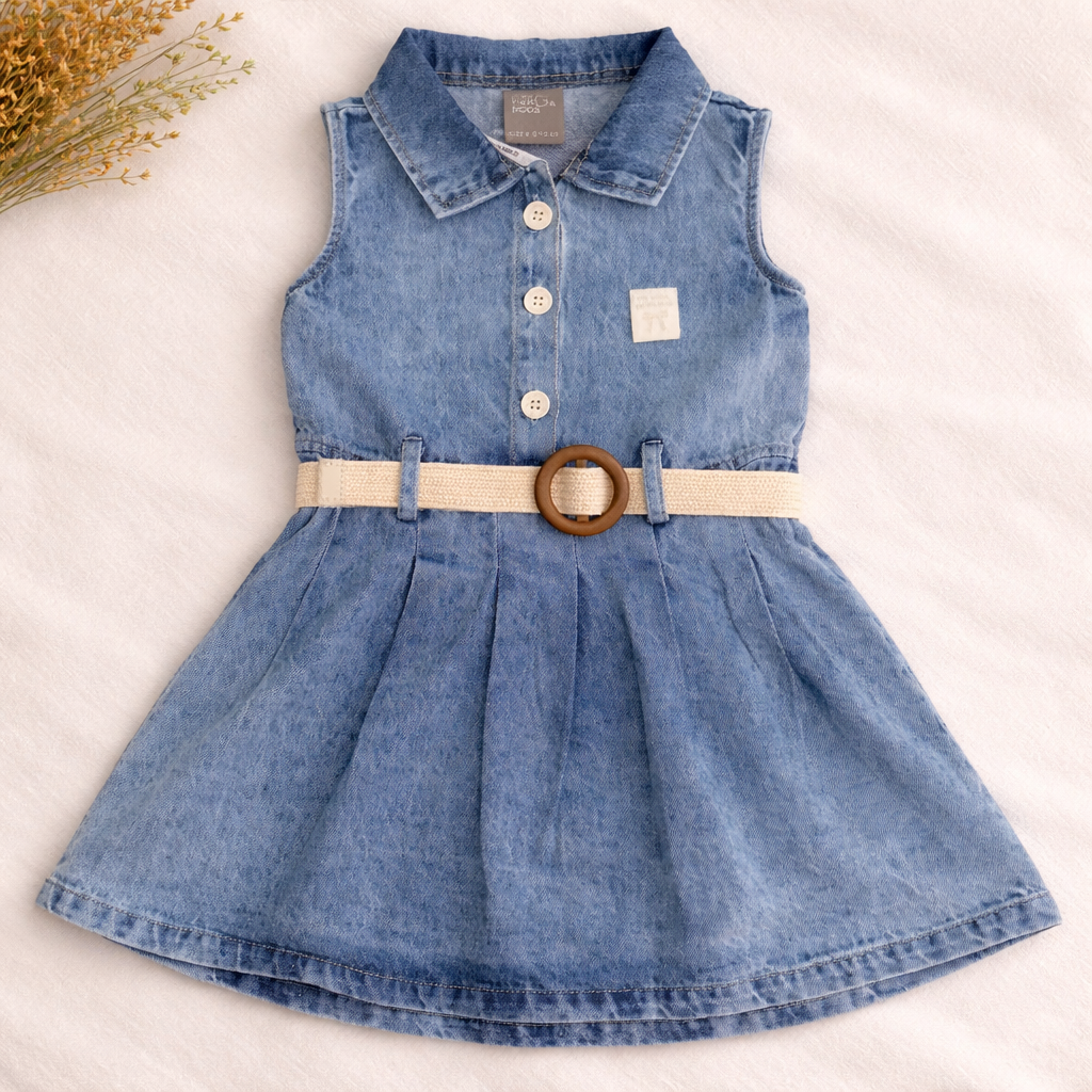 Little Kangaroo Girls Light Blue Denim Frock with Belt (1–5 Years)