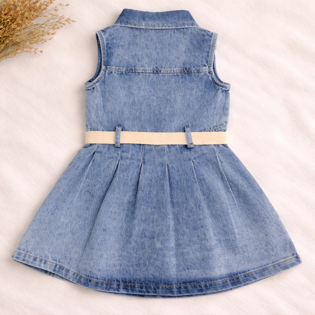 Little Kangaroo Girls Light Blue Denim Frock with Belt (1–5 Years)