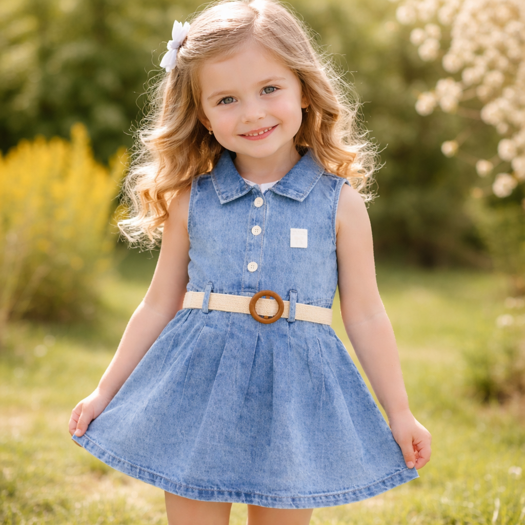 Little Kangaroo Girls Light Blue Denim Frock with Belt (1–5 Years)