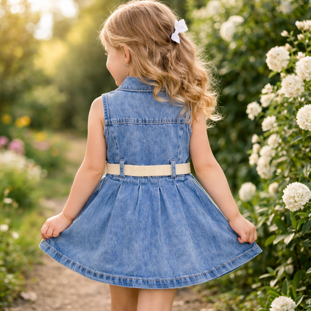 Little Kangaroo Girls Light Blue Denim Frock with Belt (1–5 Years)