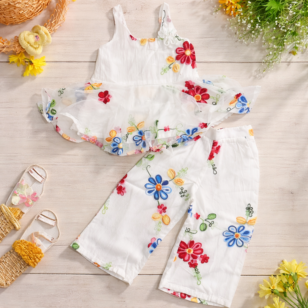 Reverse X-treme Girls Floral Embroidered Top & Pant Set | Party & Casual Wear Co-Ord Outfit | White | 9 Months – 4 Years
