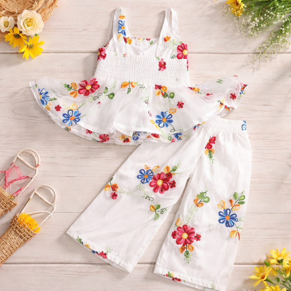Reverse X-treme Girls Floral Embroidered Top & Pant Set | Party & Casual Wear Co-Ord Outfit | White | 9 Months – 4 Years