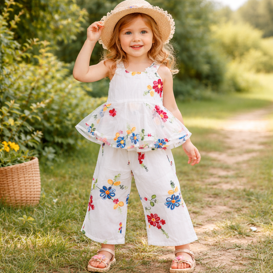 Reverse X-treme Girls Floral Embroidered Top & Pant Set | Party & Casual Wear Co-Ord Outfit | White | 9 Months – 4 Years