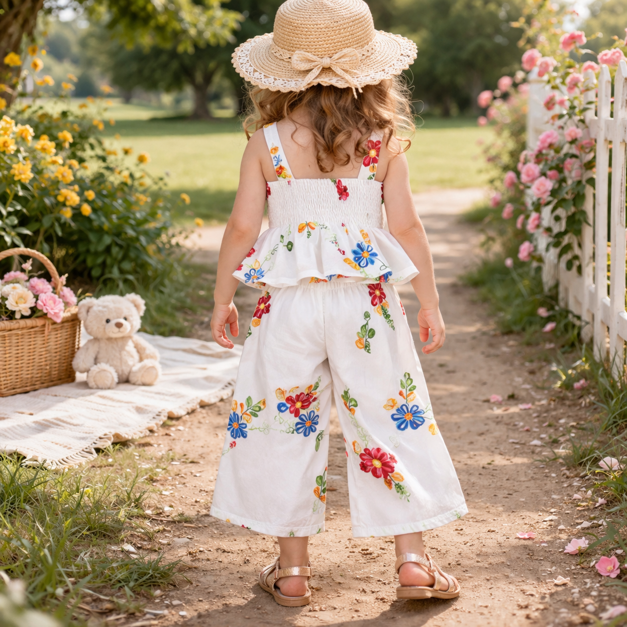 Reverse X-treme Girls Floral Embroidered Top & Pant Set | Party & Casual Wear Co-Ord Outfit | White | 9 Months – 4 Years