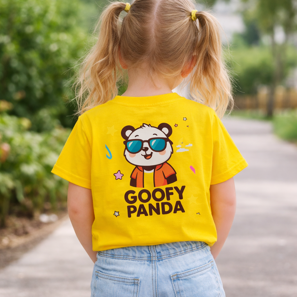 Smile Baby Kids Goofy Panda Printed Cotton T-Shirt for Boys & Girls | Half Sleeve Casual Cartoon Tee | 4–12 Years | Colors: Yellow, Off White