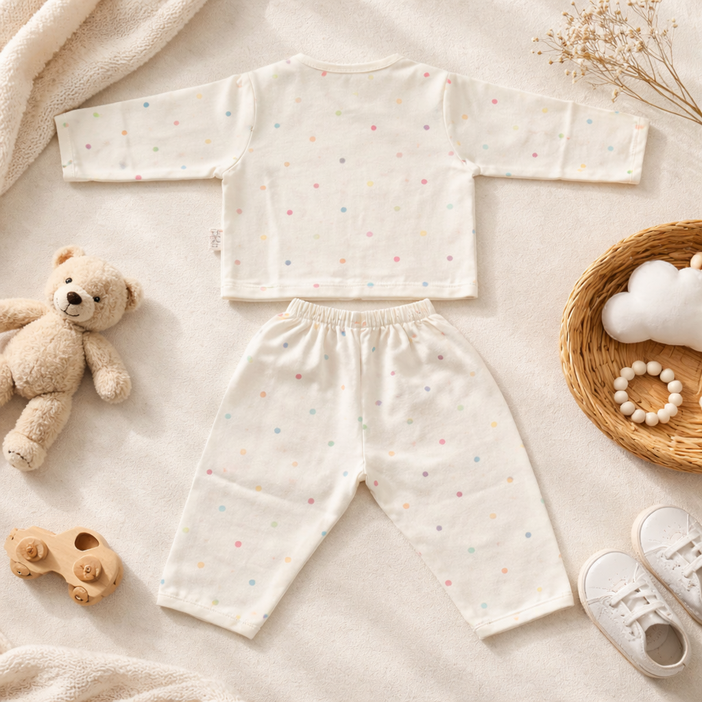 NUM NUM Newborn Baby Night Suit Set – Soft Polka Dot Full Sleeve Top & Pant Set (Cream)