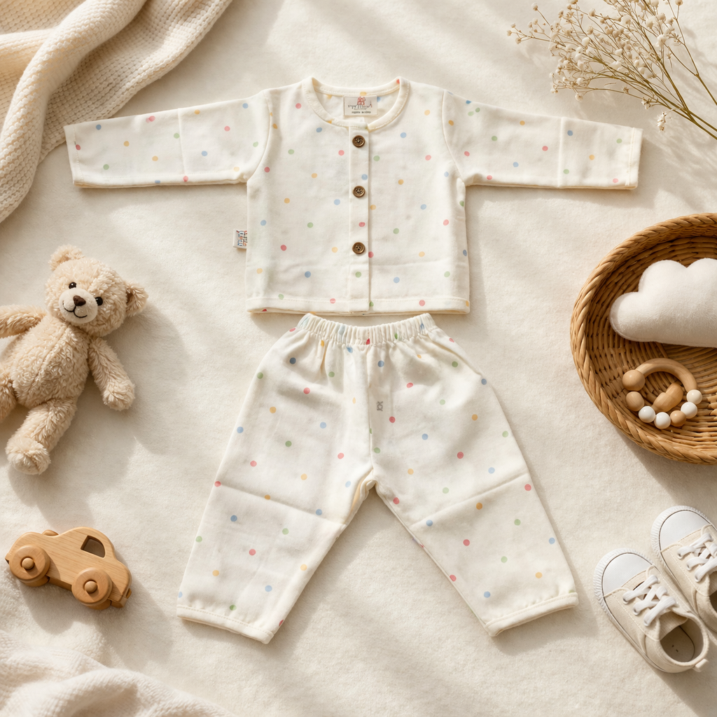 NUM NUM Newborn Baby Night Suit Set – Soft Polka Dot Full Sleeve Top & Pant Set (Cream)