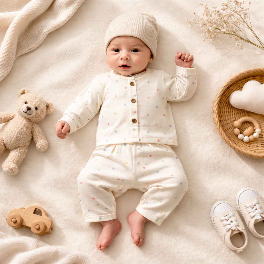 NUM NUM Newborn Baby Night Suit Set – Soft Polka Dot Full Sleeve Top & Pant Set (Cream)