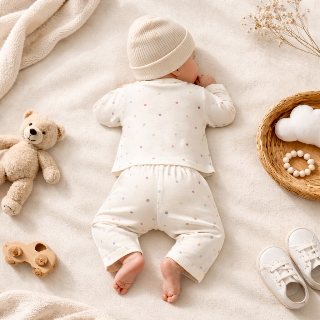 NUM NUM Newborn Baby Night Suit Set – Soft Polka Dot Full Sleeve Top & Pant Set (Cream)