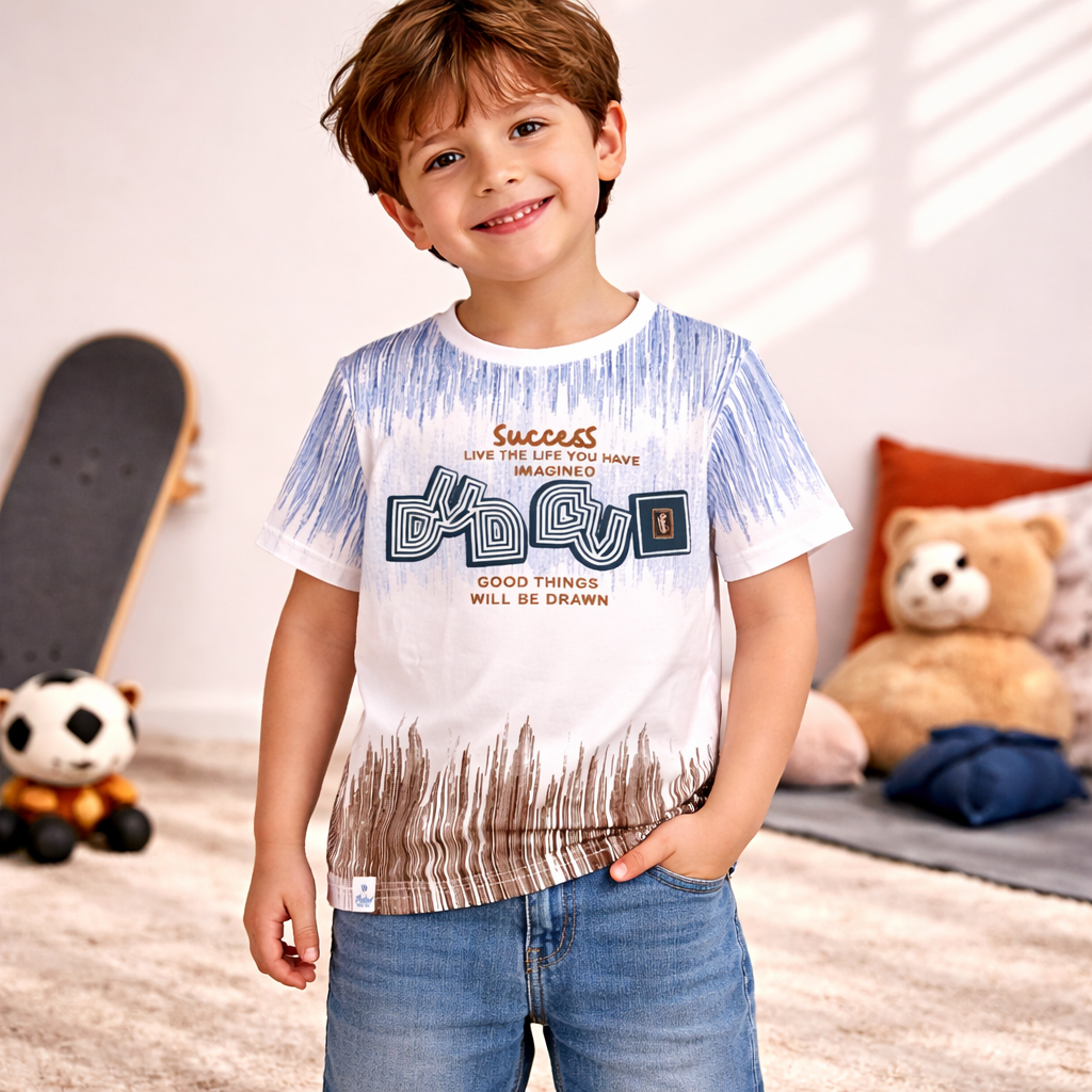 99 BALLON Boys Blue Printed Cotton T-Shirt | Stylish Casual Graphic Tee | Age 4–12 Years