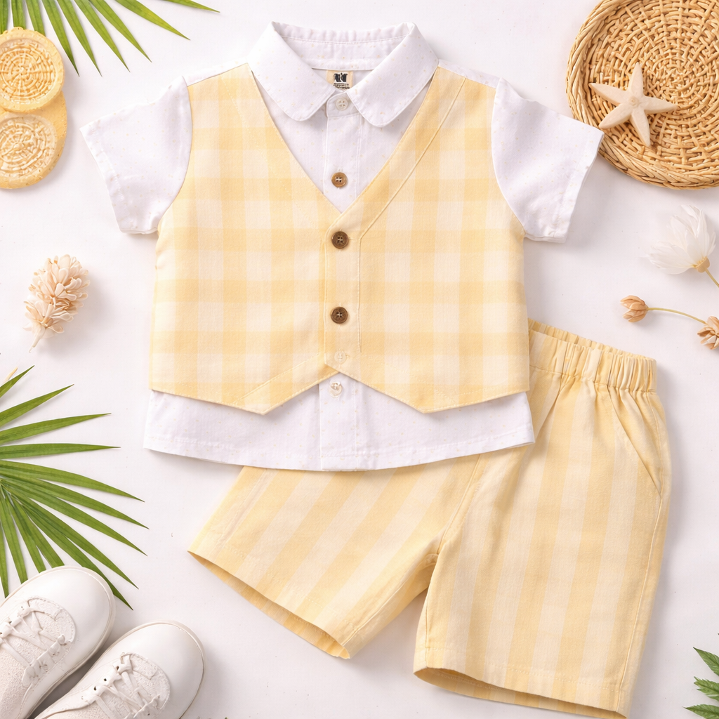 TOFFY HOUSE Baby Boys Yellow Shirt with Attached Waistcoat & Shorts Set (NB–9 Months)