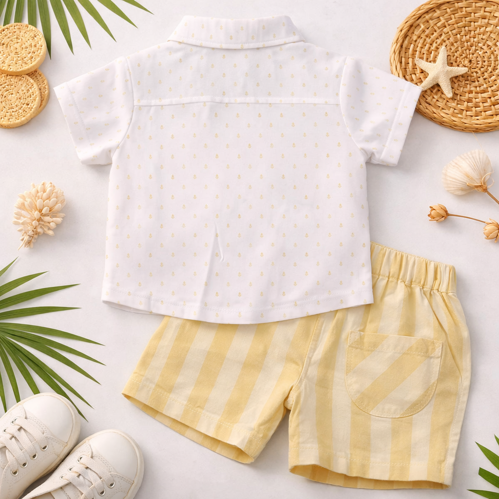 TOFFY HOUSE Baby Boys Yellow Shirt with Attached Waistcoat & Shorts Set (NB–9 Months)