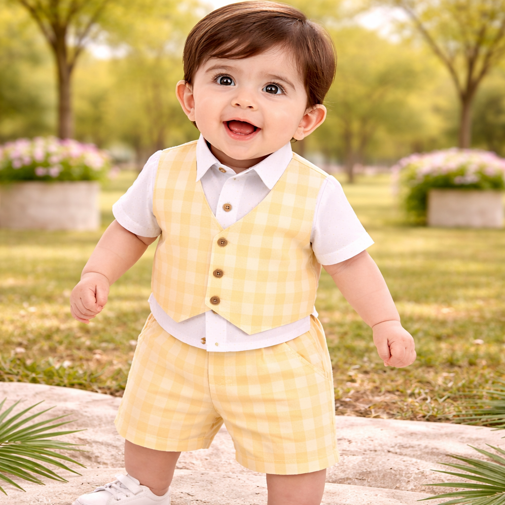 TOFFY HOUSE Baby Boys Yellow Shirt with Attached Waistcoat & Shorts Set (NB–9 Months)