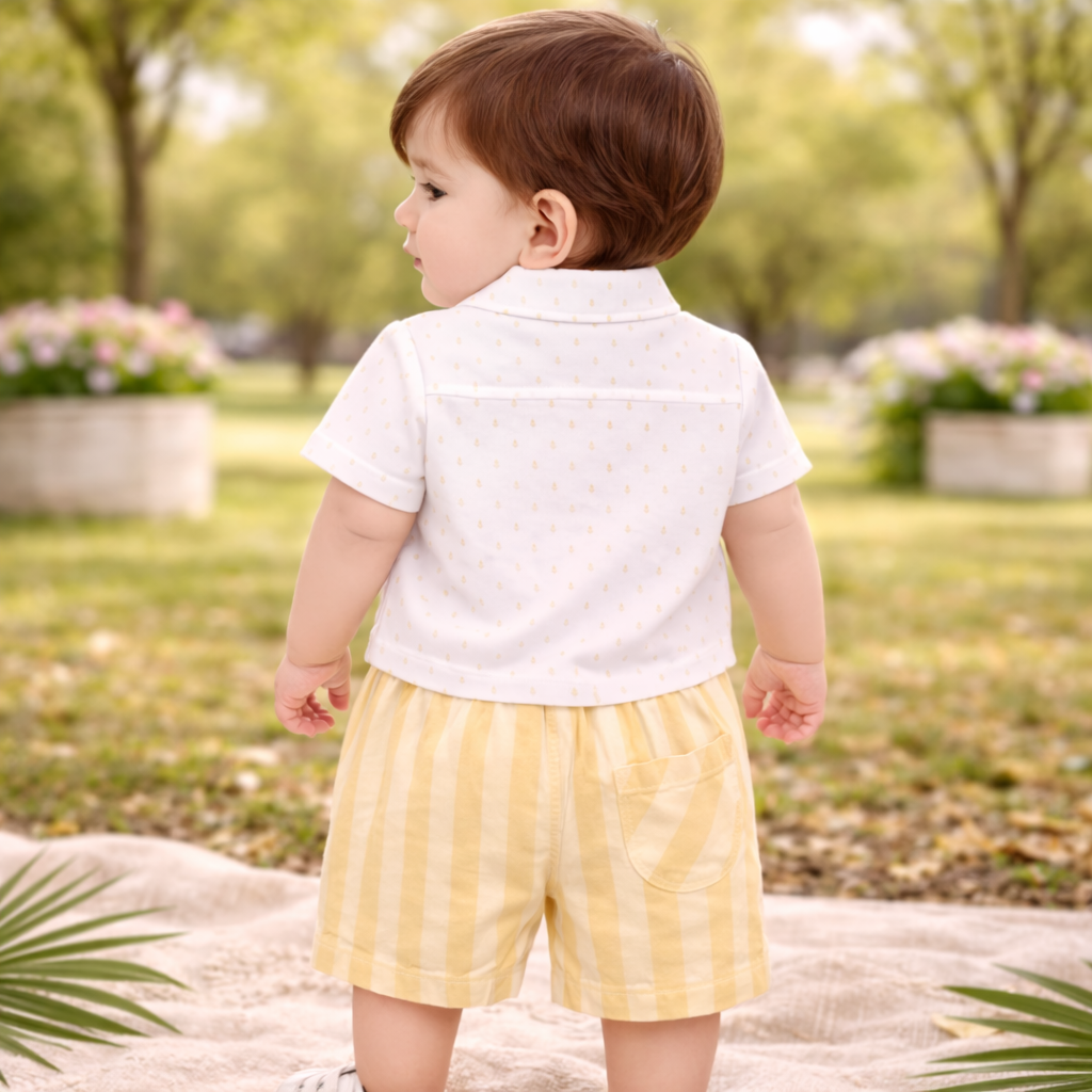 TOFFY HOUSE Baby Boys Yellow Shirt with Attached Waistcoat & Shorts Set (NB–9 Months)