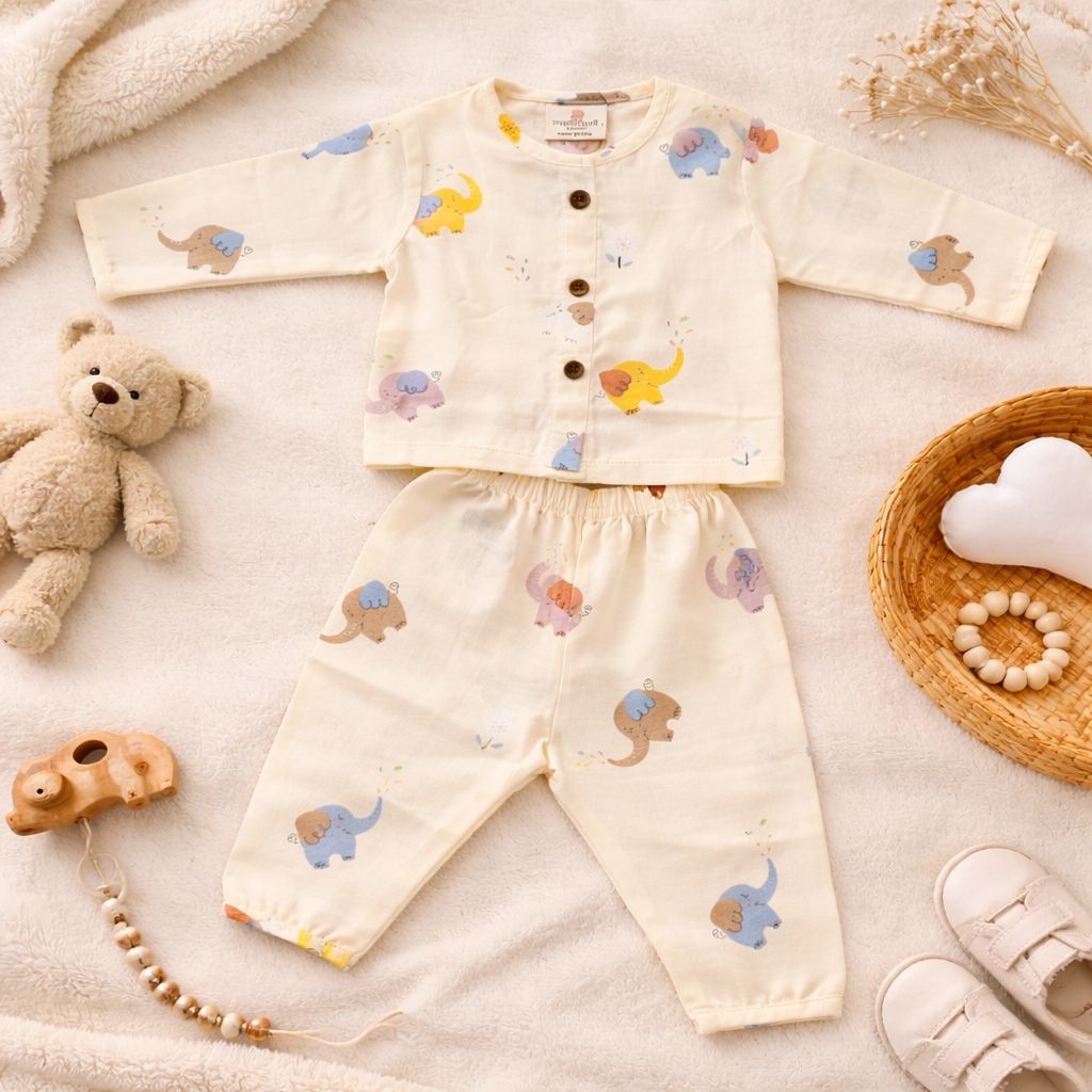 NUM NUM Cream Elephant Print Baby Night Suit Set (NB to 9 Months)