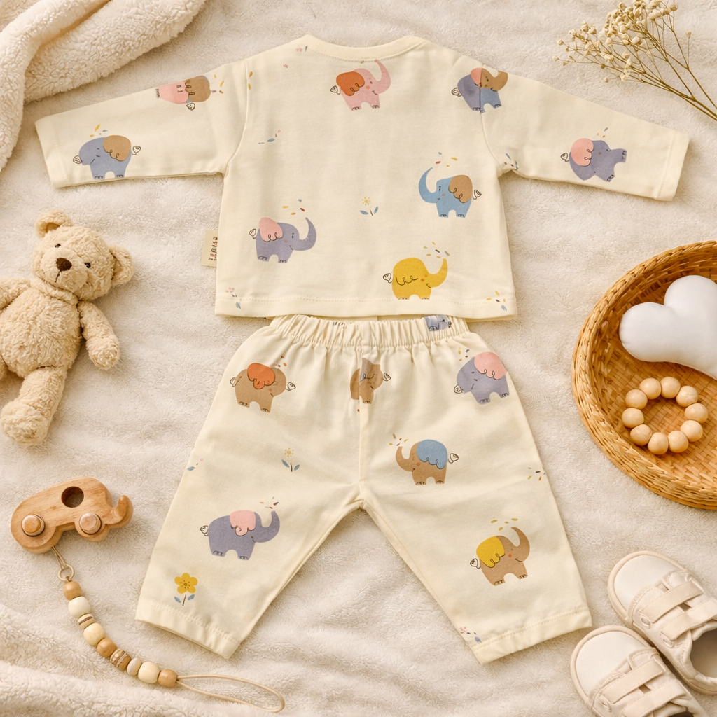 NUM NUM Cream Elephant Print Baby Night Suit Set (NB to 9 Months)
