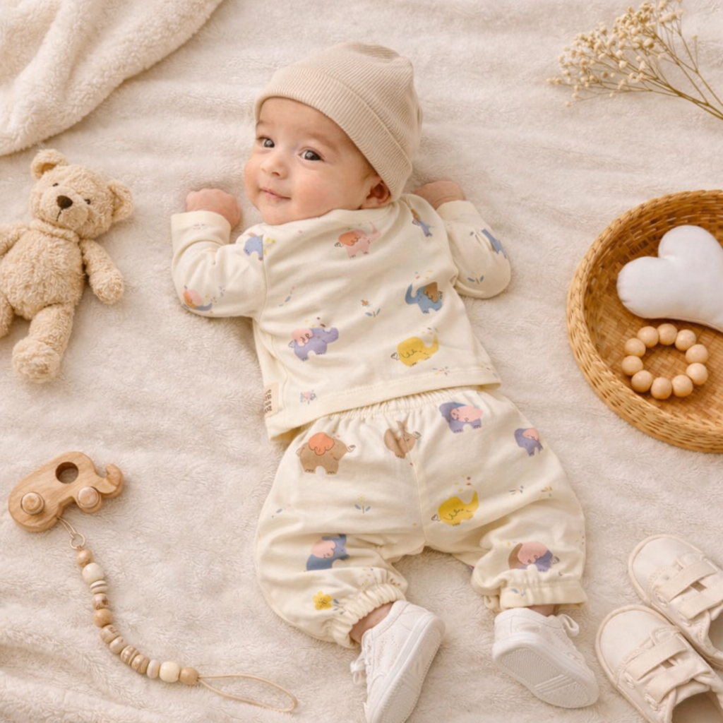 NUM NUM Cream Elephant Print Baby Night Suit Set (NB to 9 Months)