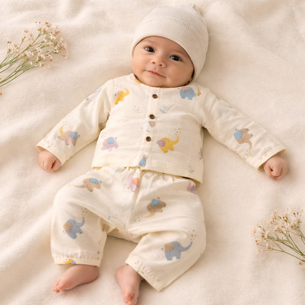 NUM NUM Cream Elephant Print Baby Night Suit Set (NB to 9 Months)