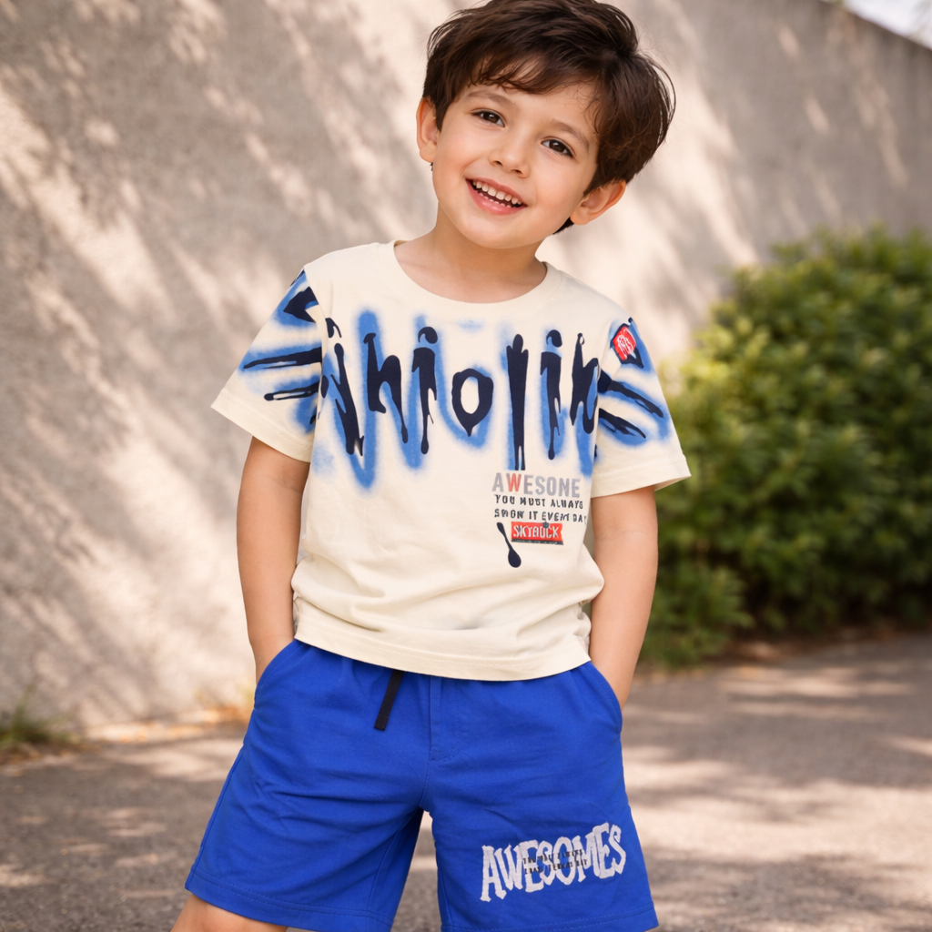 UNIKON Boys Blue Printed T-Shirt & Shorts Set (5–12 Years)