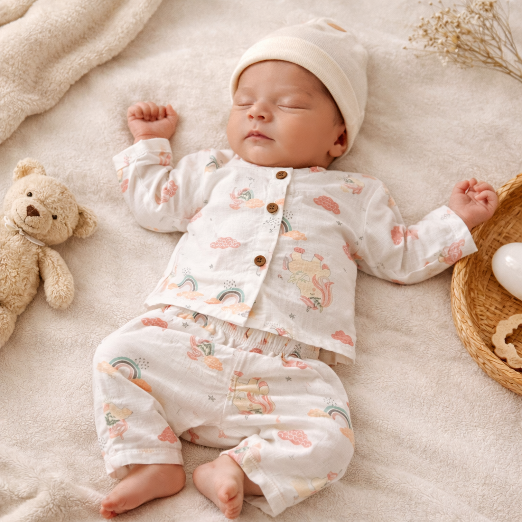 NUM NUM Newborn Baby Night Suit Set – Soft Printed Full Sleeve Top & Pant Set (White)