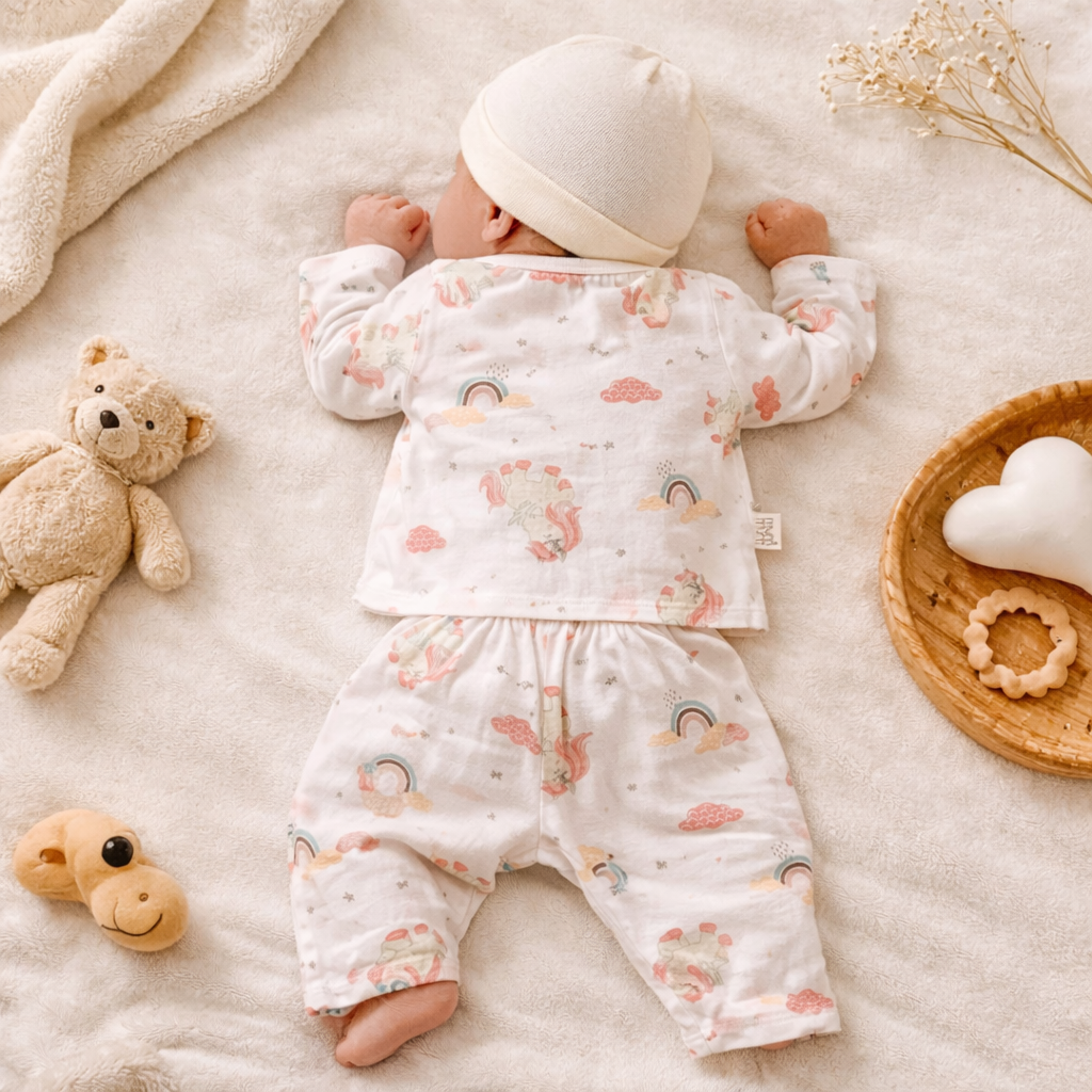 NUM NUM Newborn Baby Night Suit Set – Soft Printed Full Sleeve Top & Pant Set (White)