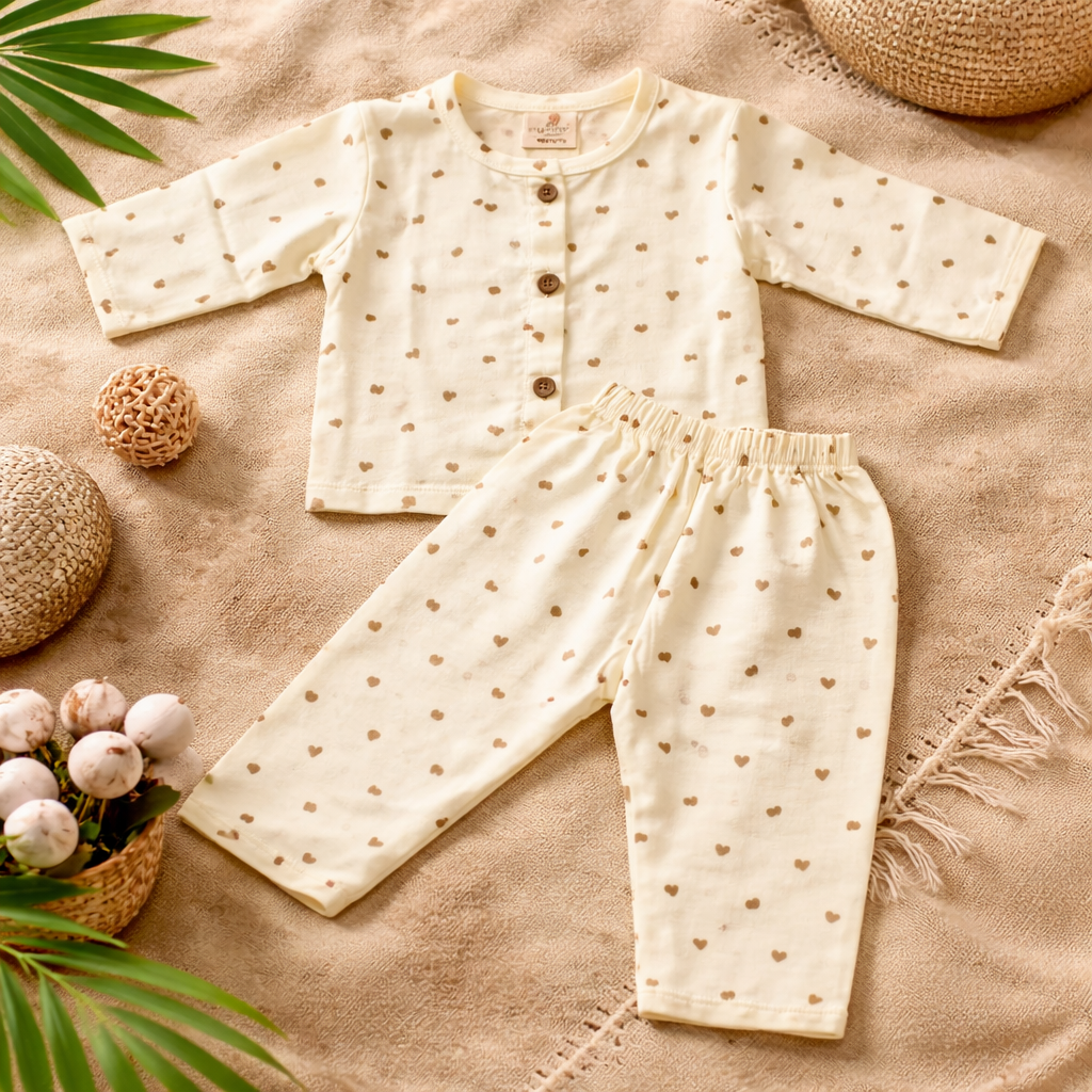 NUM NUM Baby Night Suit Set – Cream Heart Print Cotton Sleepwear (NB to 9 Months)