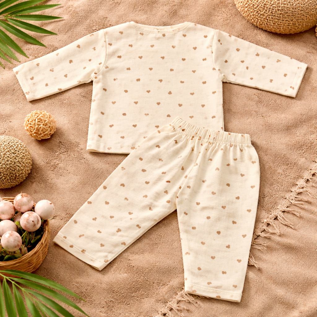 NUM NUM Baby Night Suit Set – Cream Heart Print Cotton Sleepwear (NB to 9 Months)