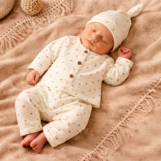 NUM NUM Baby Night Suit Set – Cream Heart Print Cotton Sleepwear (NB to 9 Months)