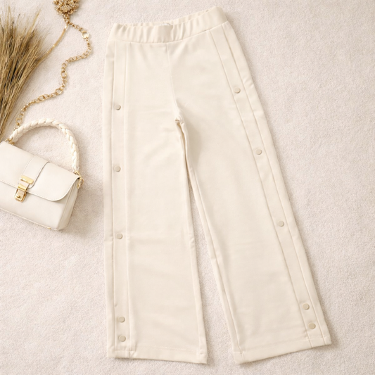 LOVEKINS Girls Cream Wide Leg Comfort Pants with Side Button Detail | Stylish Casual Wear | 6 Years to 14+ Years