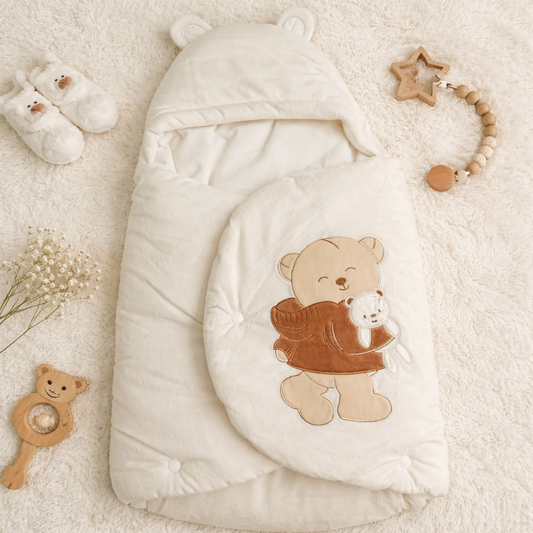 SMILE BABY Newborn Sleeping Bag Cream Color | Soft Hooded Baby Swaddle Wrapper | Cozy Cushioned Baby Sleeping Bag for Newborn