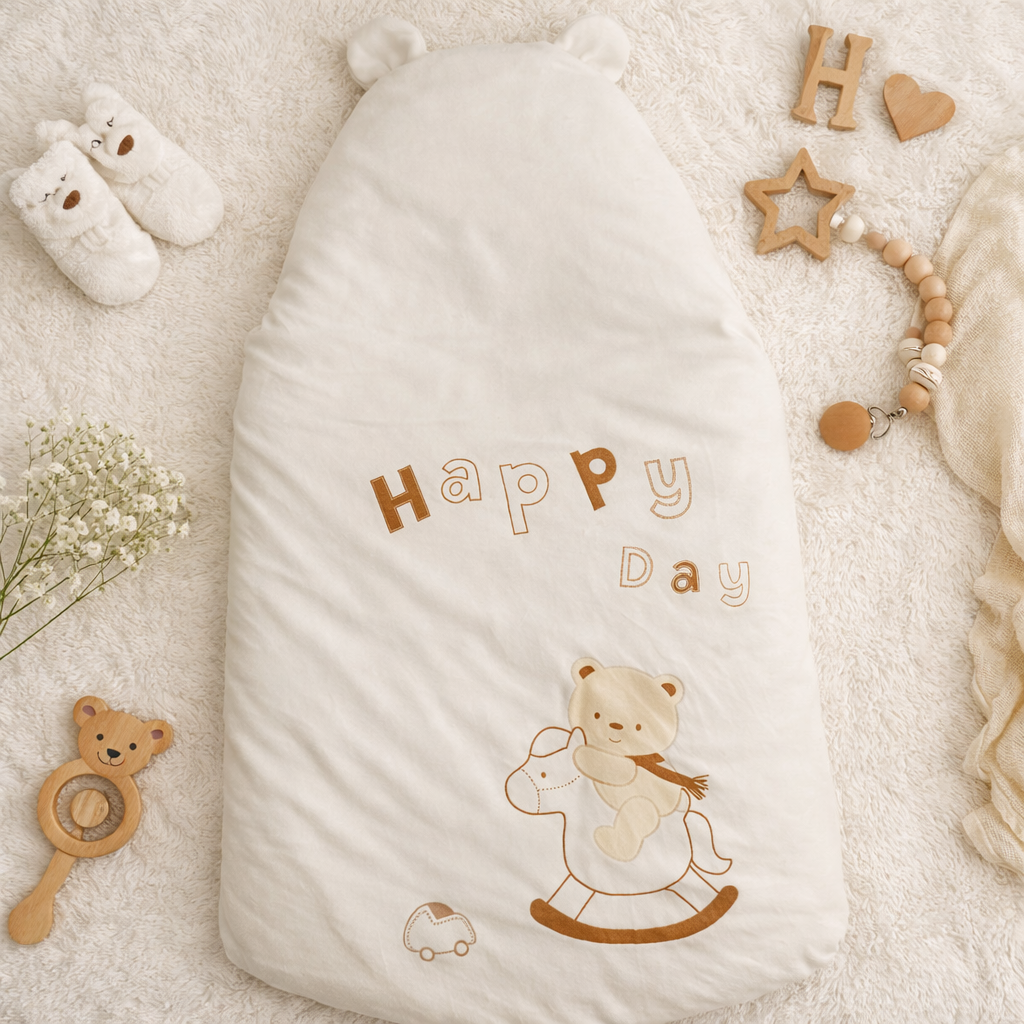 SMILE BABY Newborn Sleeping Bag Cream Color | Soft Hooded Baby Swaddle Wrapper | Cozy Cushioned Baby Sleeping Bag for Newborn