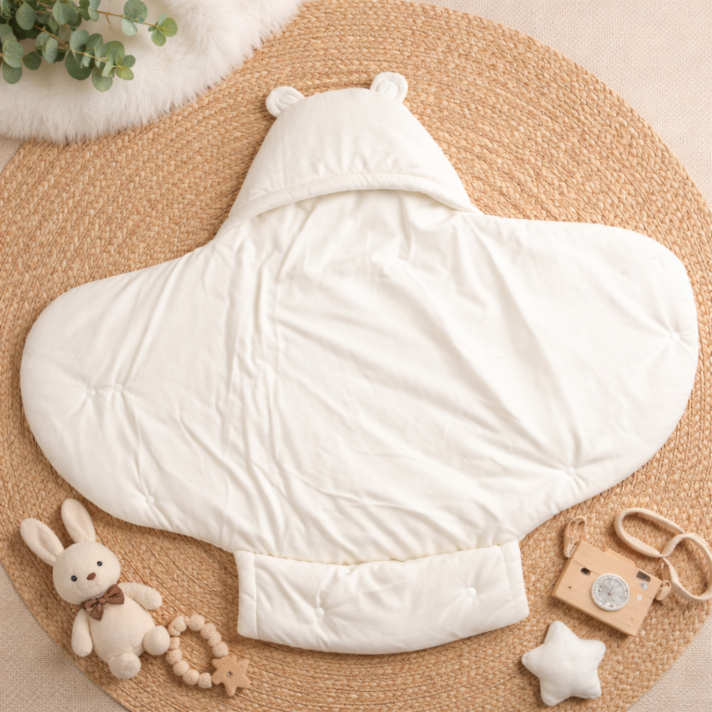 SMILE BABY Newborn Sleeping Bag Cream Color | Soft Hooded Baby Swaddle Wrapper | Cozy Cushioned Baby Sleeping Bag for Newborn