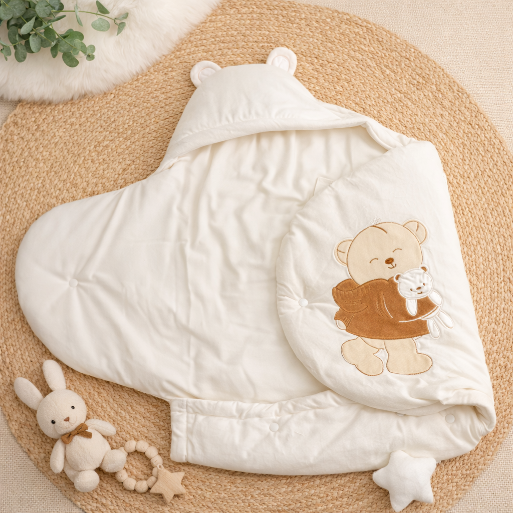 SMILE BABY Newborn Sleeping Bag Cream Color | Soft Hooded Baby Swaddle Wrapper | Cozy Cushioned Baby Sleeping Bag for Newborn