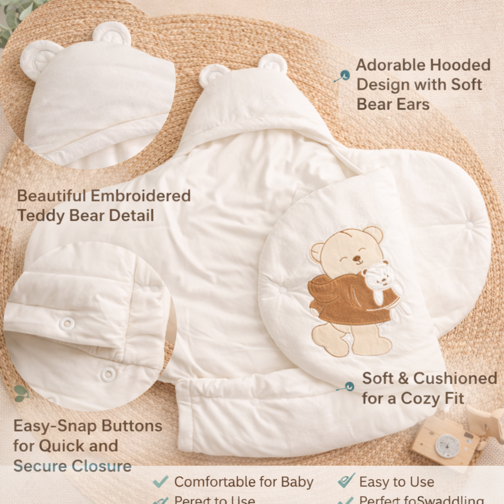 SMILE BABY Newborn Sleeping Bag Cream Color | Soft Hooded Baby Swaddle Wrapper | Cozy Cushioned Baby Sleeping Bag for Newborn