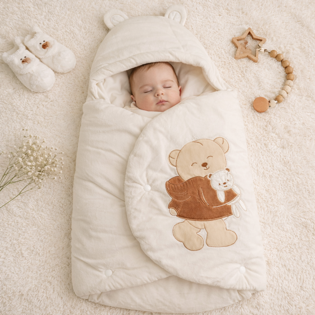 SMILE BABY Newborn Sleeping Bag Cream Color | Soft Hooded Baby Swaddle Wrapper | Cozy Cushioned Baby Sleeping Bag for Newborn