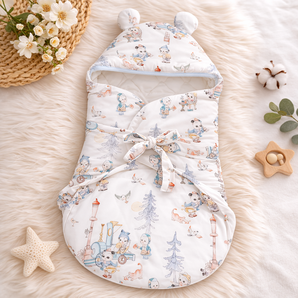 SMILE BABY New Born Carry Nest – BLUE | Soft Quilted Baby Sleeping Bag with Hood