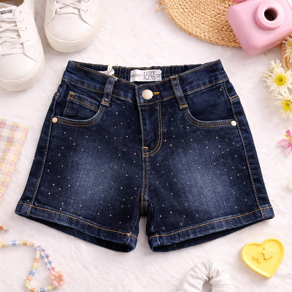 LOVEKINS Girls Dark Blue Denim Shorts with Sparkle Dots | Soft Stretch Summer Shorts for Kids | 18 Months – 6 Years
