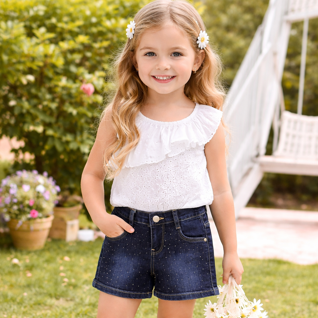 LOVEKINS Girls Dark Blue Denim Shorts with Sparkle Dots | Soft Stretch Summer Shorts for Kids | 18 Months – 6 Years