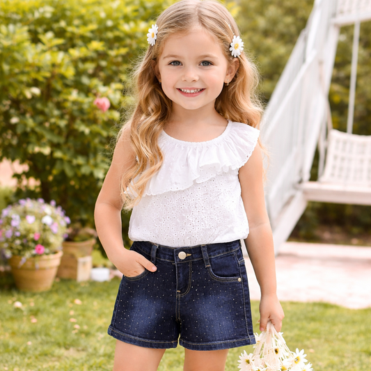 LOVEKINS Girls Dark Blue Denim Shorts with Sparkle Dots | Soft Stretch Summer Shorts for Kids | 18 Months – 6 Years