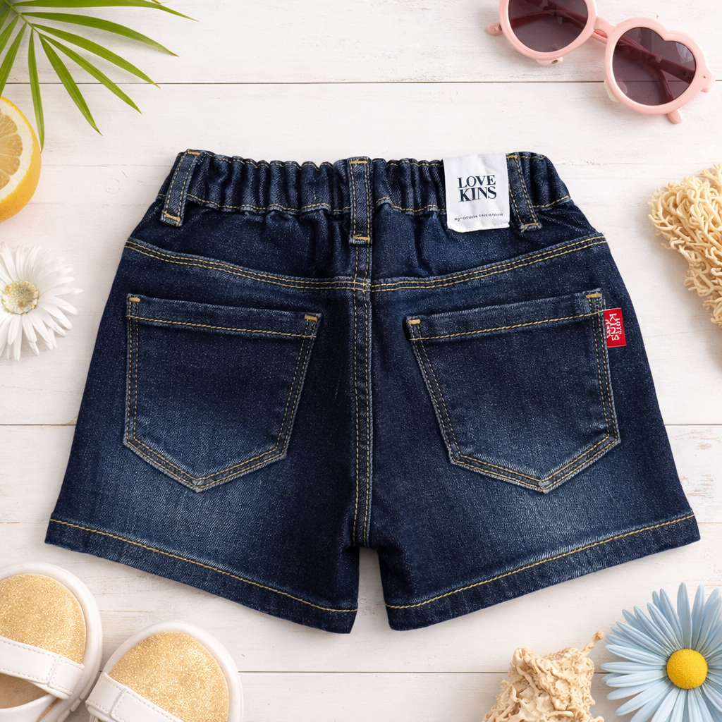 LOVEKINS Girls Dark Blue Denim Shorts with Sparkle Dots | Soft Stretch Summer Shorts for Kids | 18 Months – 6 Years