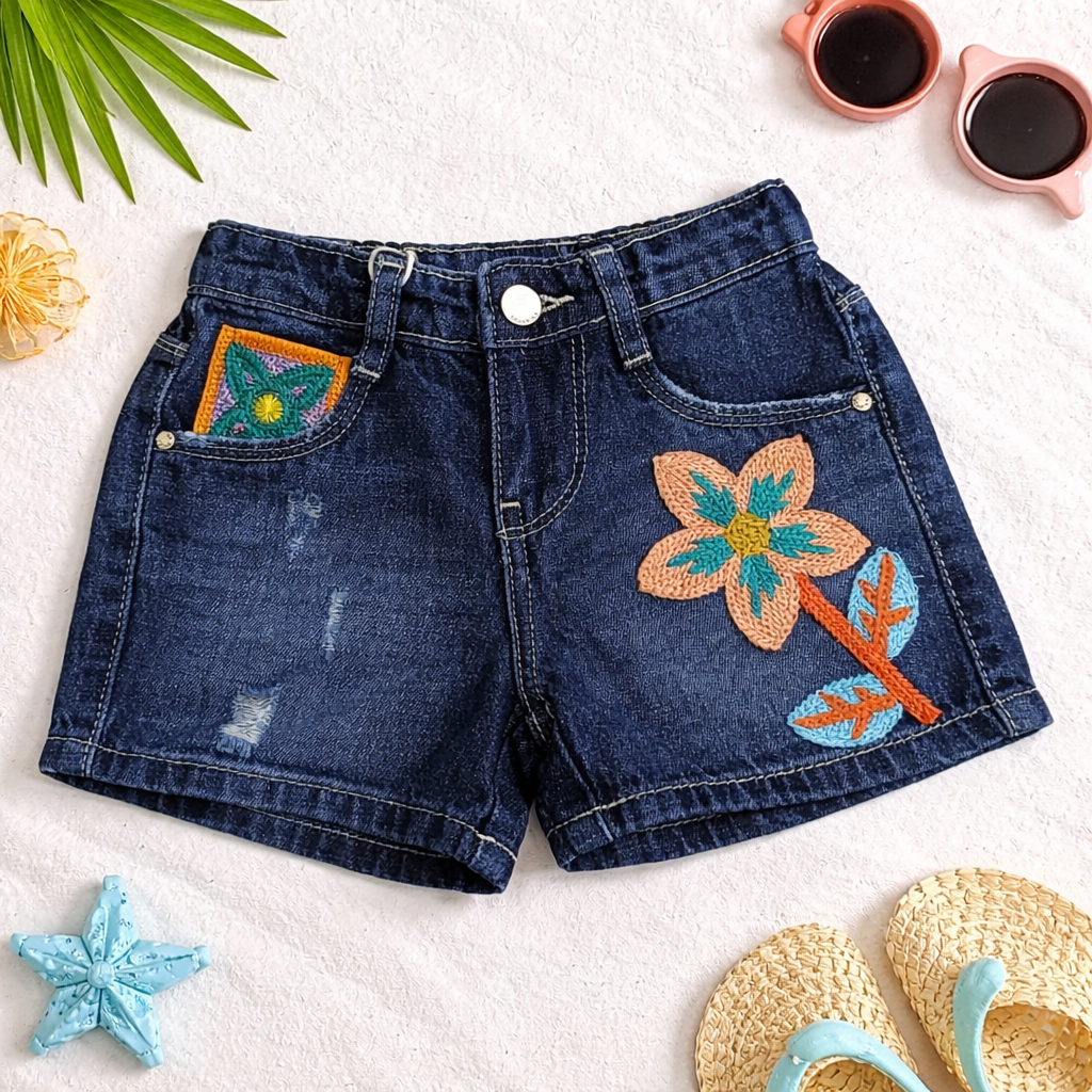LOVEKINS Girls Denim Embroidered Shorts – Soft Stretch Kids Summer Shorts (18M–6 Years)