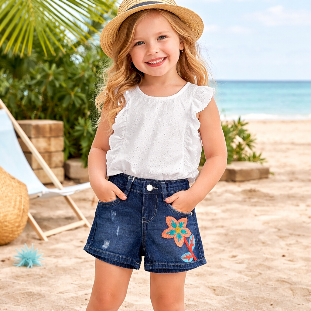 LOVEKINS Girls Denim Embroidered Shorts – Soft Stretch Kids Summer Shorts (18M–6 Years)