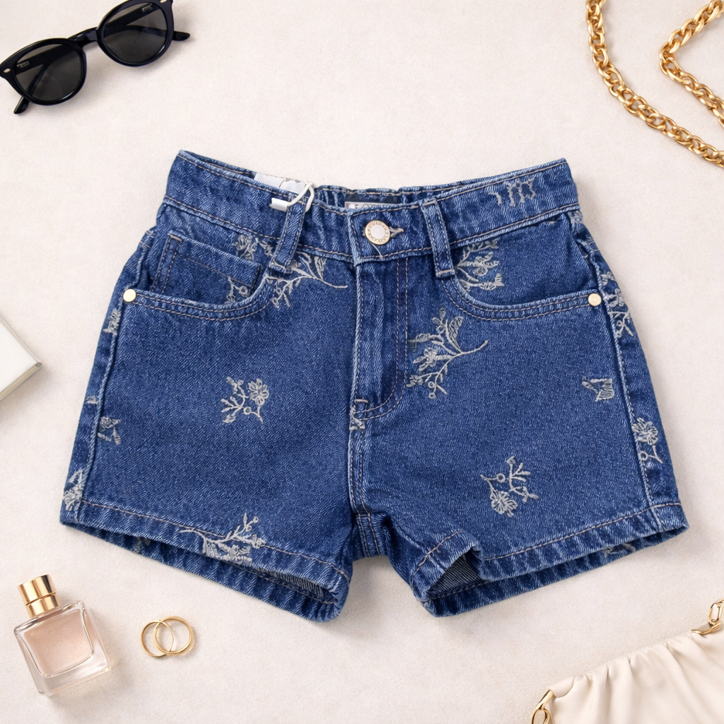 LOVEKINS Girls Dark Blue Floral Printed Denim Shorts (18M–6 Years)